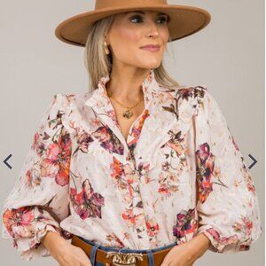 Fate Foiled Floral Button Down Shirt, Size small, cream/pink